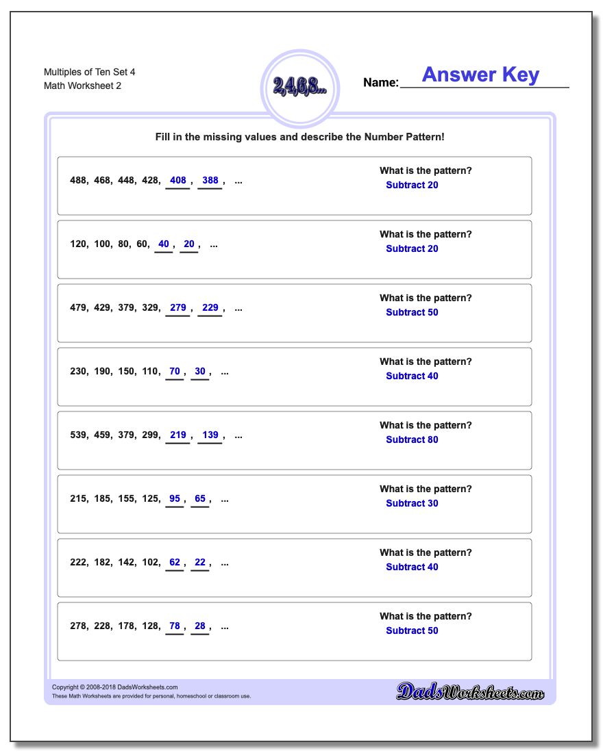 Multiples of Ten Set 4 www.dadsworksheets.com/worksheets/number-patterns.html Worksheet