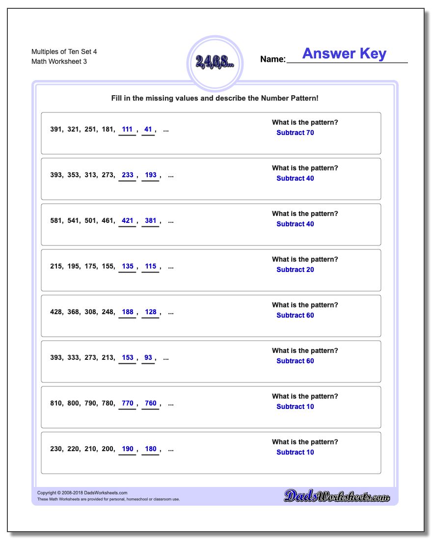 Multiples of Ten Set 4 Worksheet