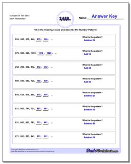 Multiples of Ten Set 5 Number Patterns Worksheet