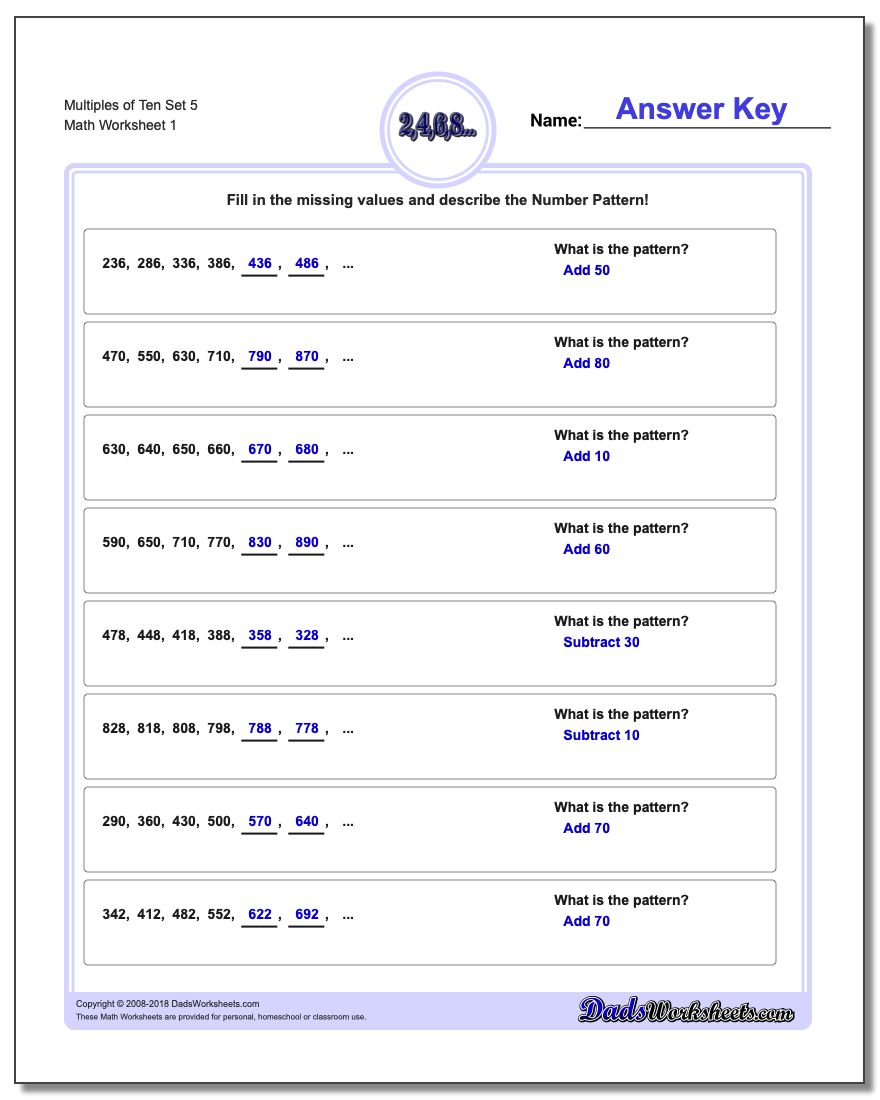 Multiples of Ten Set 5 Number Patterns Worksheet