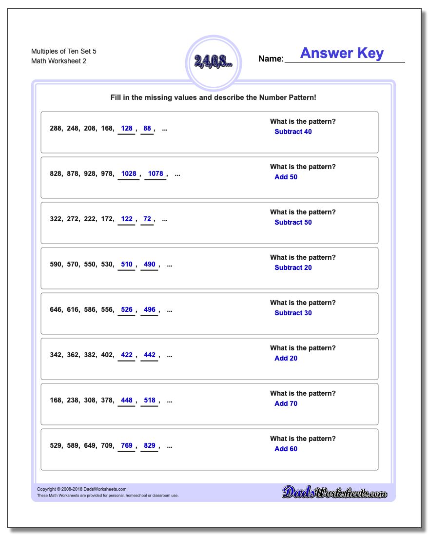 Multiples of Ten Set 5 www.dadsworksheets.com/worksheets/number-patterns.html Worksheet