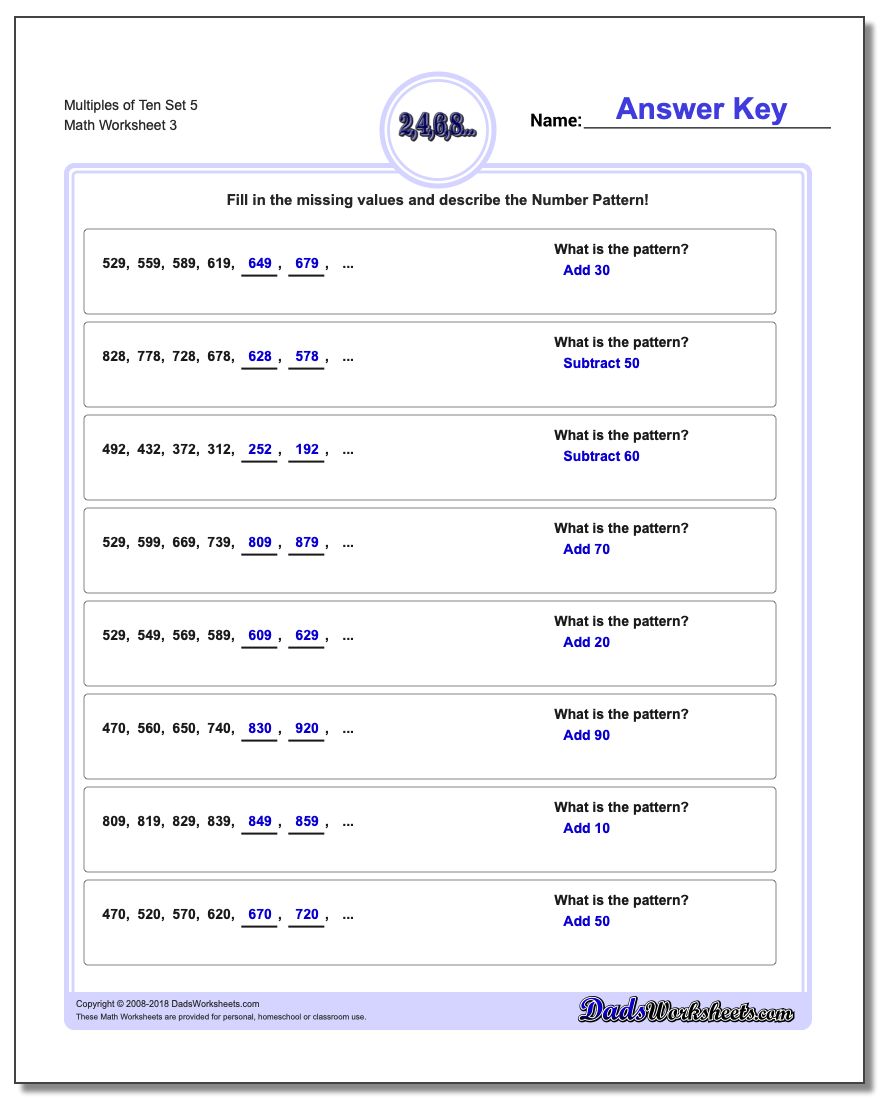 Multiples of Ten Set 5 Worksheet