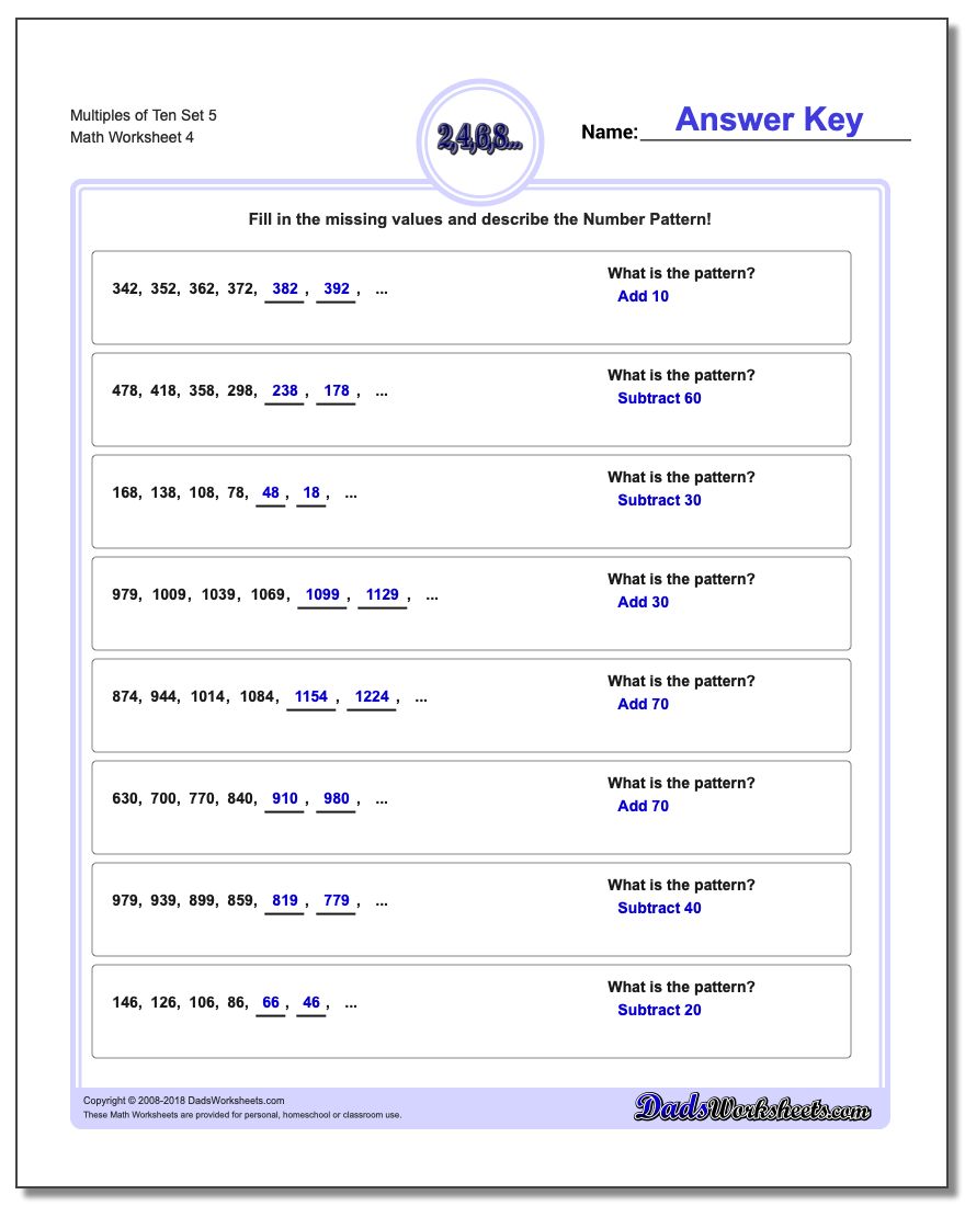 Multiples of Ten Set 5 Worksheet