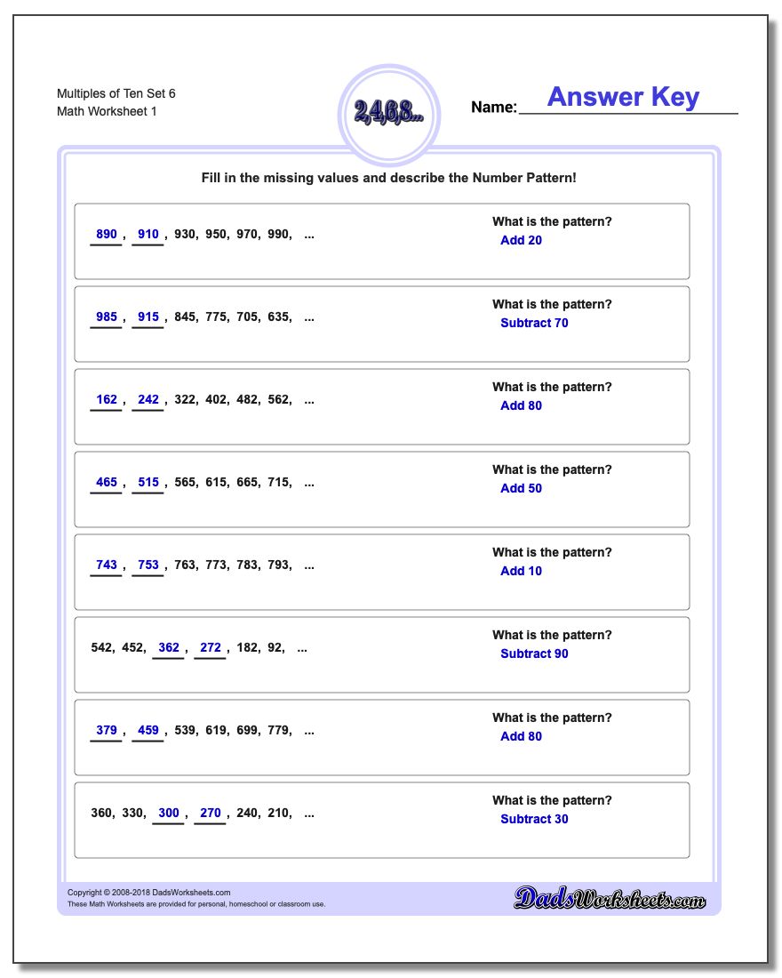 Multiples of Ten Set 6 Number Patterns Worksheet