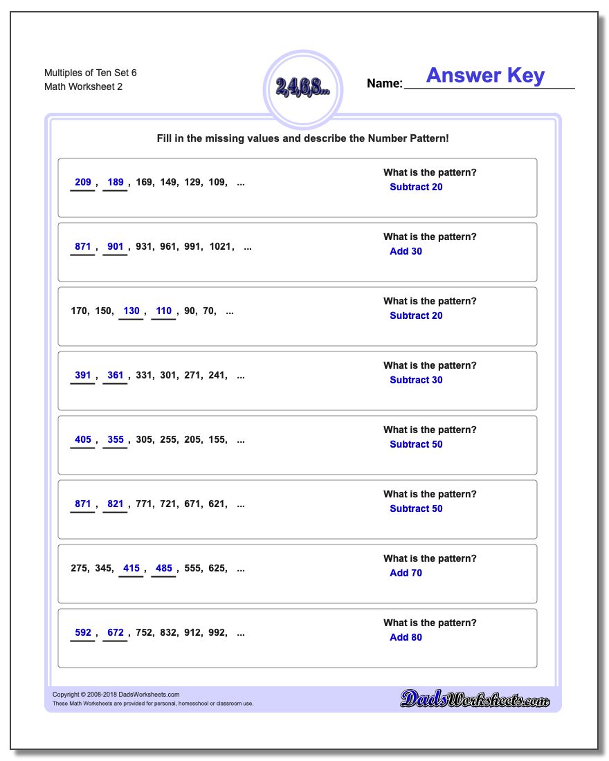 Multiples of Ten Set 6 www.dadsworksheets.com/worksheets/number-patterns.html Worksheet