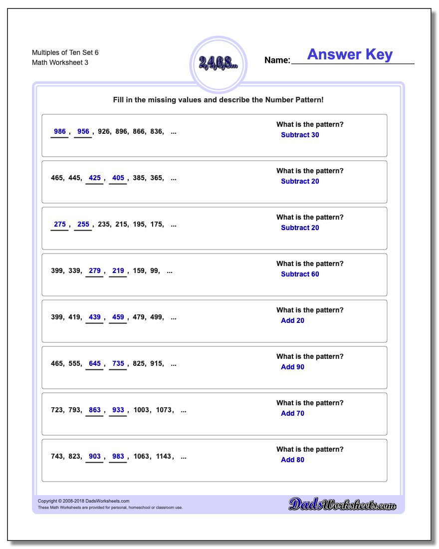 Multiples of Ten Set 6 Worksheet