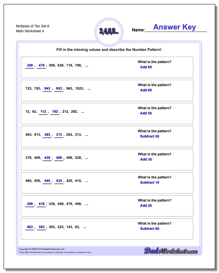 Multiples of Ten Set 6 Worksheet