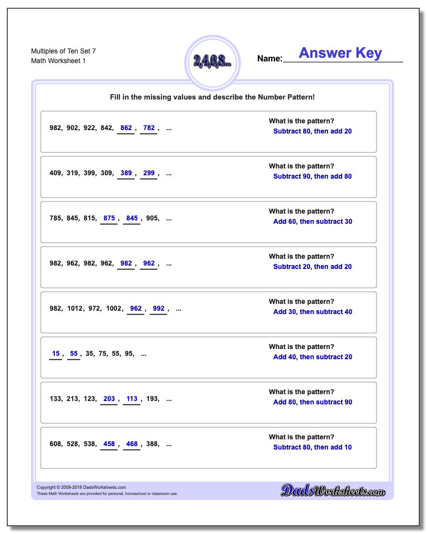 Multiples of Ten Set 7 Number Patterns Worksheet