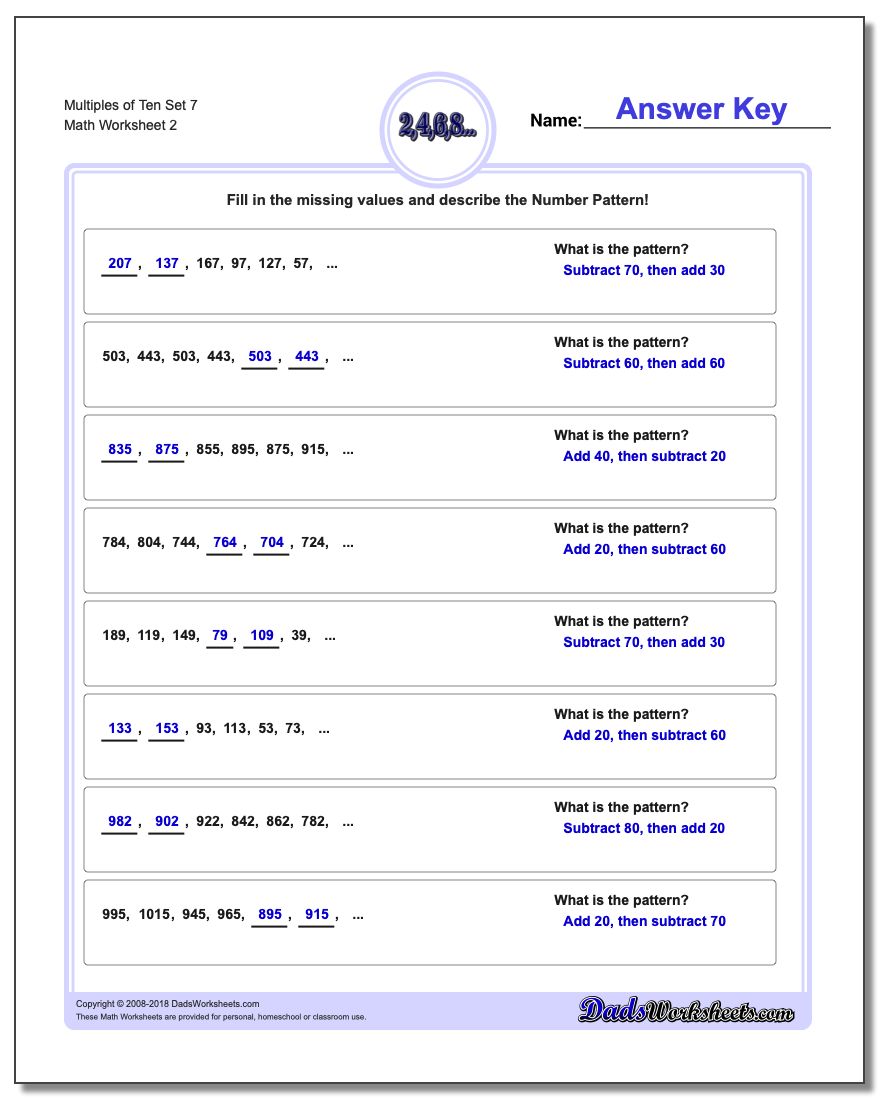 Multiples of Ten Set 7 www.dadsworksheets.com/worksheets/number-patterns.html Worksheet