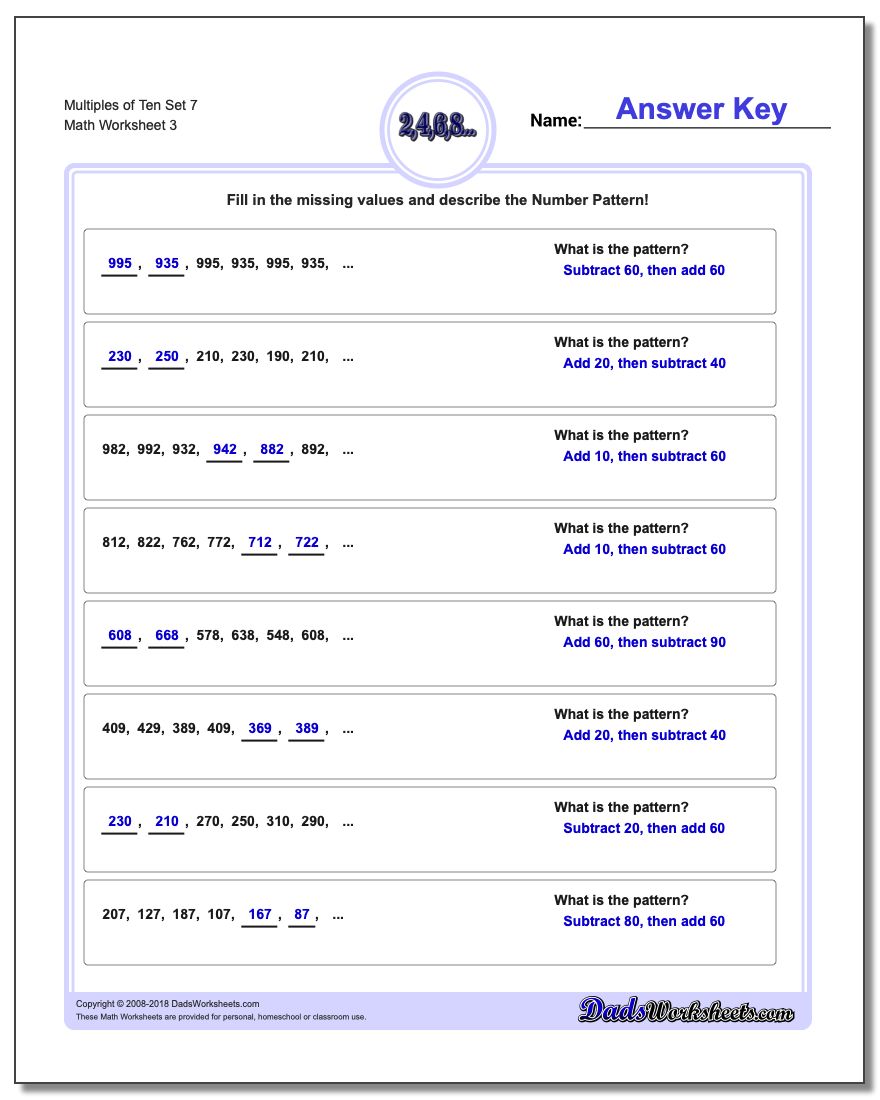 Multiples of Ten Set 7 Worksheet