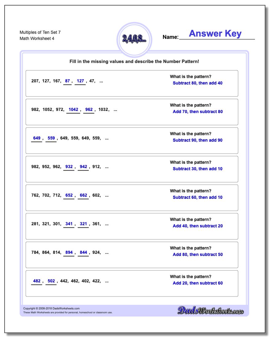Multiples of Ten Set 7 Worksheet