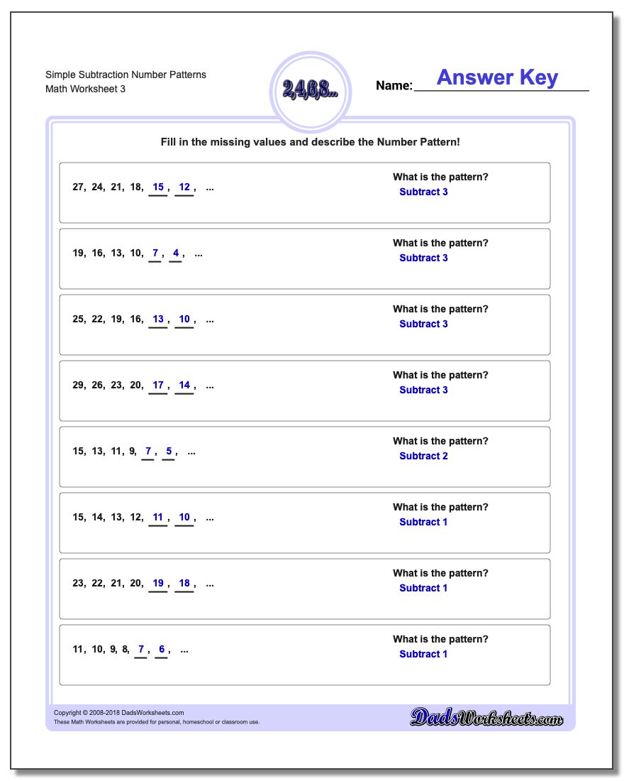 Simple Subtraction Worksheet Number Patterns