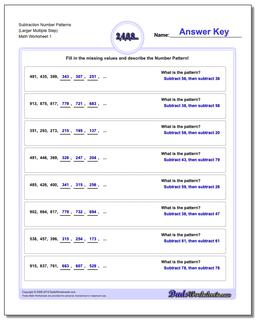 Number Patterns Subtraction Worksheet (Larger Multiple Step)