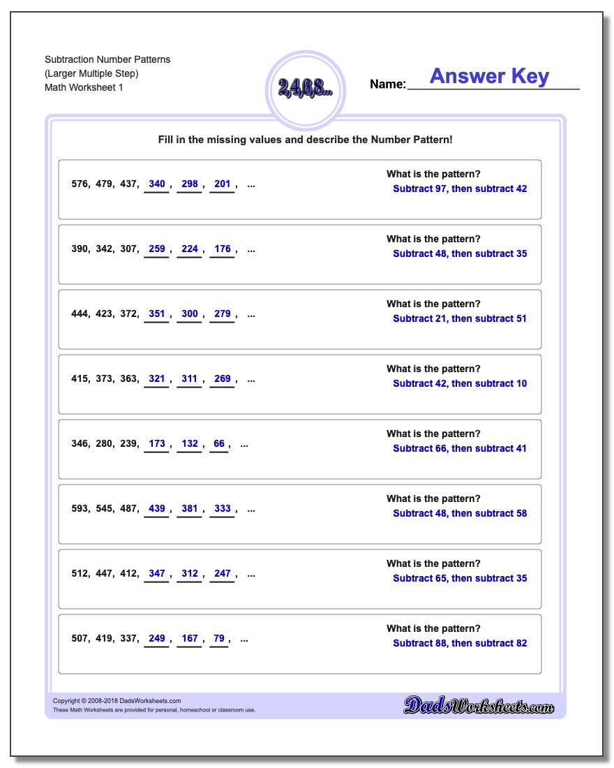 Number Patterns Subtraction Worksheet (Larger Multiple Step)
