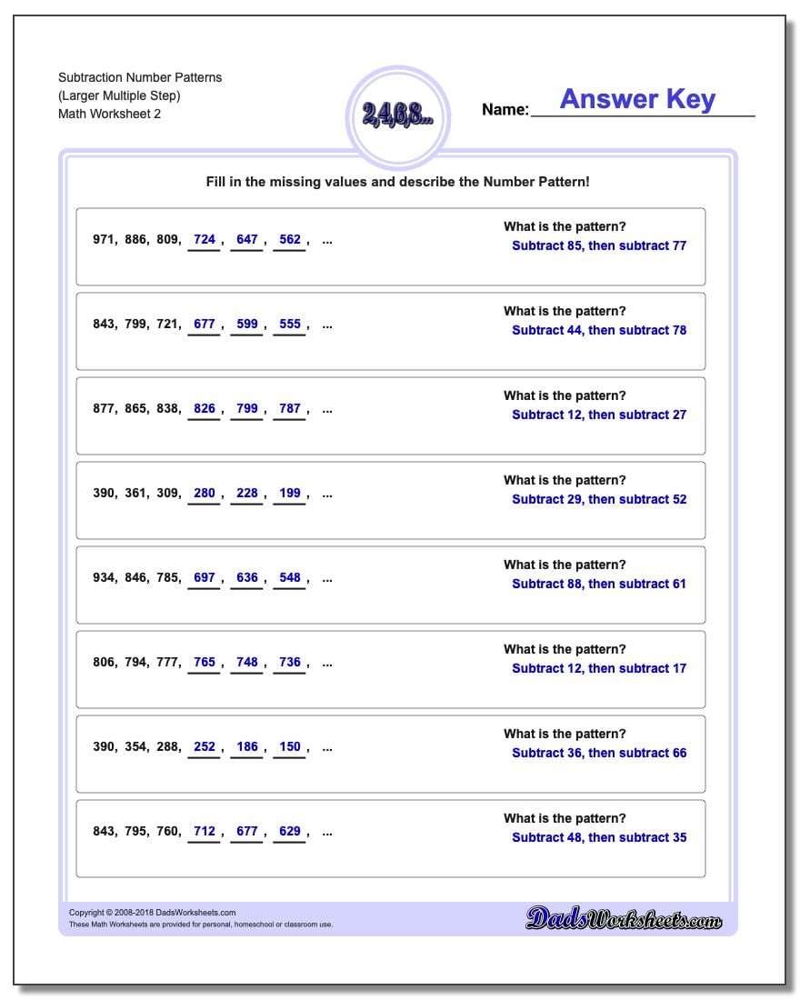 Subtraction Worksheet Number Patterns (Larger Multiple Step) www.dadsworksheets.com/worksheets/number-patterns.html