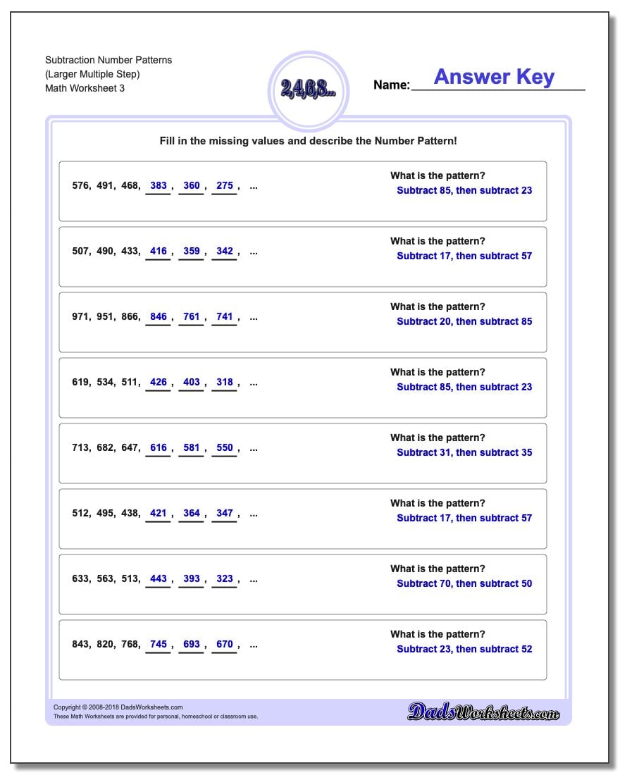 Subtraction Worksheet Number Patterns (Larger Multiple Step)