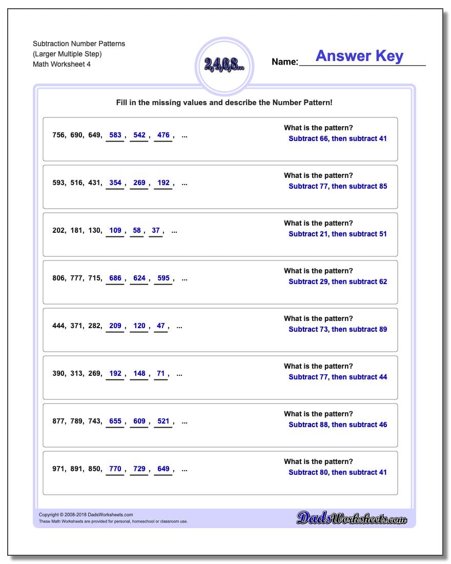 Subtraction Worksheet Number Patterns (Larger Multiple Step)