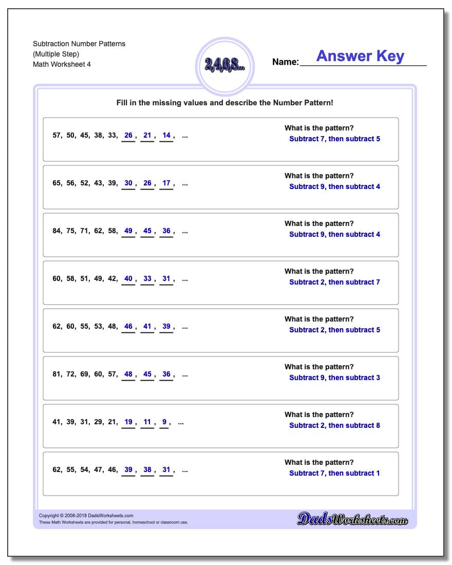Subtraction Worksheet Number Patterns (Multiple Step)