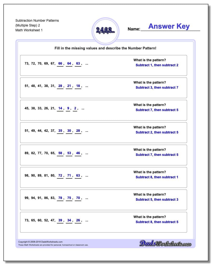 Number Patterns Subtraction Worksheet (Multiple Step) 2