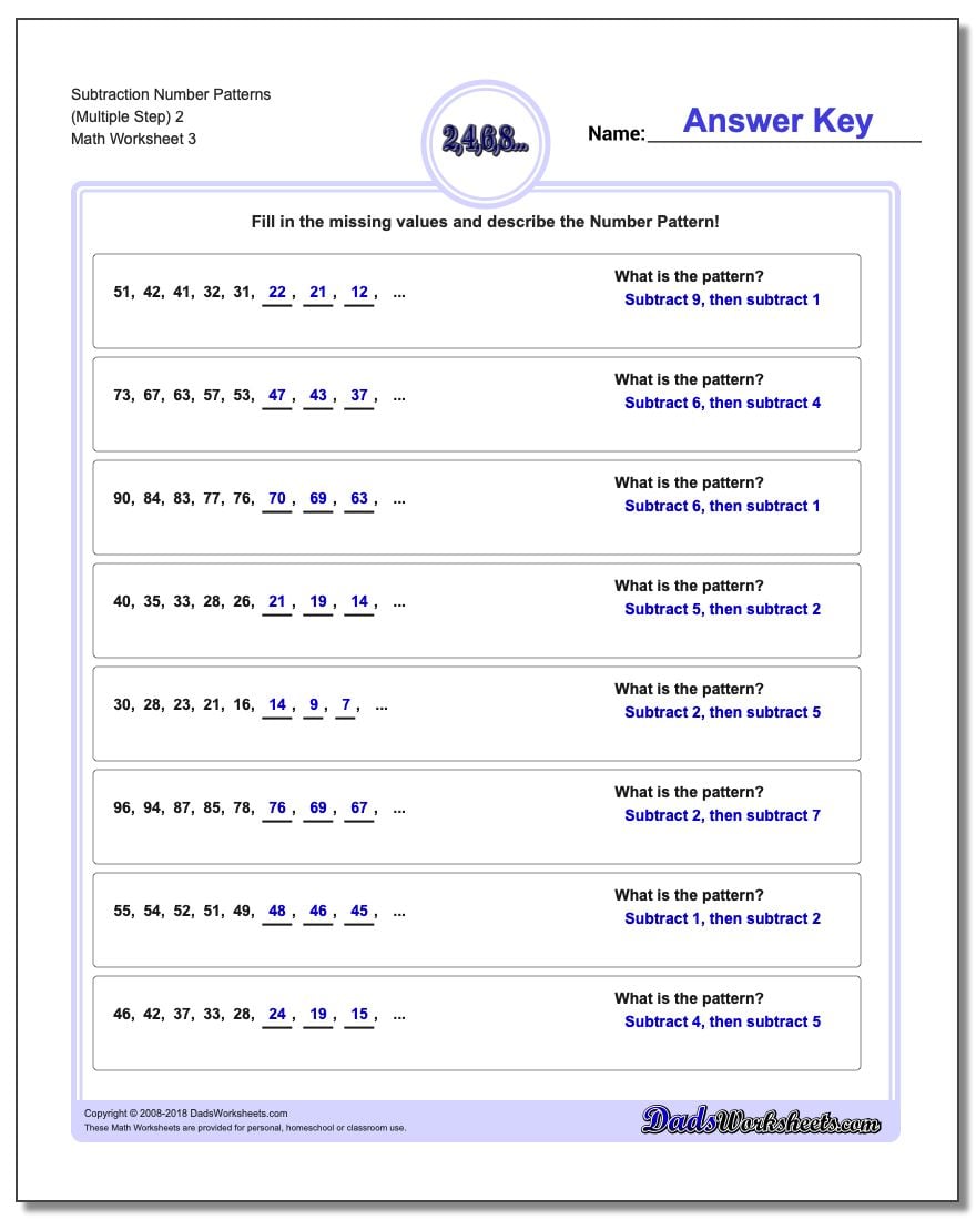 Subtraction Worksheet Number Patterns (Multiple Step) 2