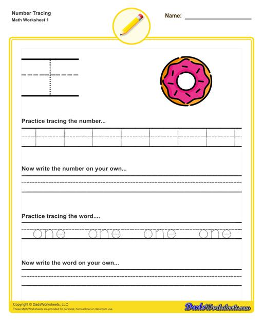 Number tracing worksheets for preschool students to practice writing numbers in their numeric and written forms.  Number Tracing V1