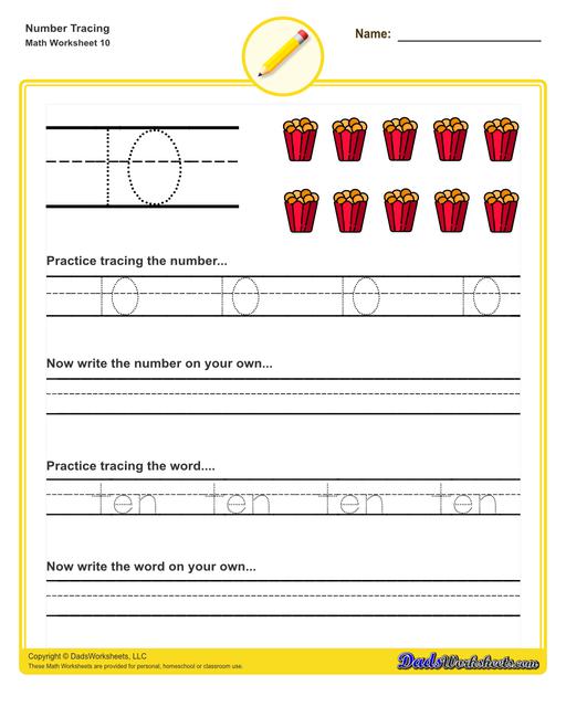 Number tracing worksheets for preschool students to practice writing numbers in their numeric and written forms.  Number Tracing V10