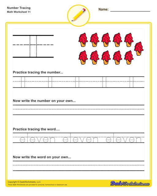 Number tracing worksheets for preschool students to practice writing numbers in their numeric and written forms.  Number Tracing V11