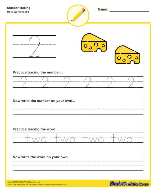 Number tracing worksheets for preschool students to practice writing numbers in their numeric and written forms.  Number Tracing V2