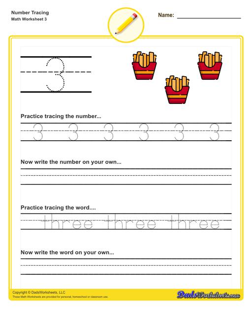 Number tracing worksheets for preschool students to practice writing numbers in their numeric and written forms.  Number Tracing V3