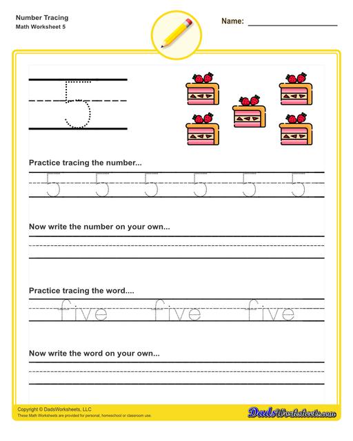 Number tracing worksheets for preschool students to practice writing numbers in their numeric and written forms.  Number Tracing V5