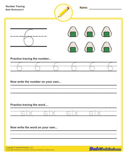 Number tracing worksheets for preschool students to practice writing numbers in their numeric and written forms.  Number Tracing V6