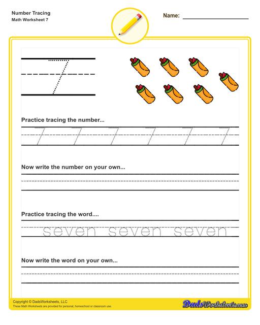 Number tracing worksheets for preschool students to practice writing numbers in their numeric and written forms.  Number Tracing V7