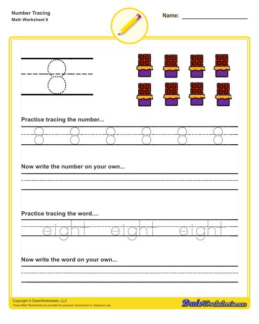 Number tracing worksheets for preschool students to practice writing numbers in their numeric and written forms.  Number Tracing V8