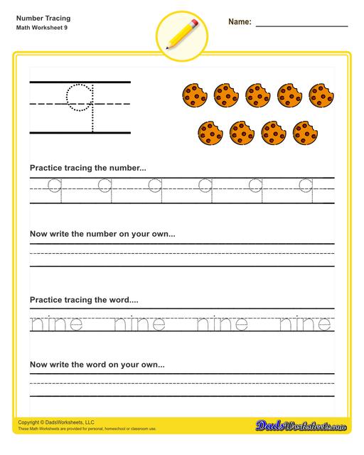 Number tracing worksheets for preschool students to practice writing numbers in their numeric and written forms.  Number Tracing V9