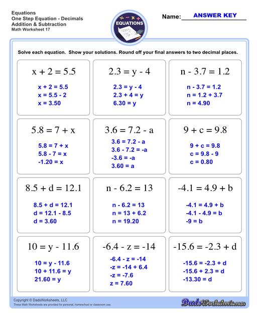 The one step equations worksheets on this page include problems with integers and fractions for a variety of math operations. These basic algebra worksheets are appropriate practice for 6th grade, 7th grade and 8th grade students. Full answer keys are included on the second page of each PDF file.  One Step Equations Decimals Addition And Subtraction V1