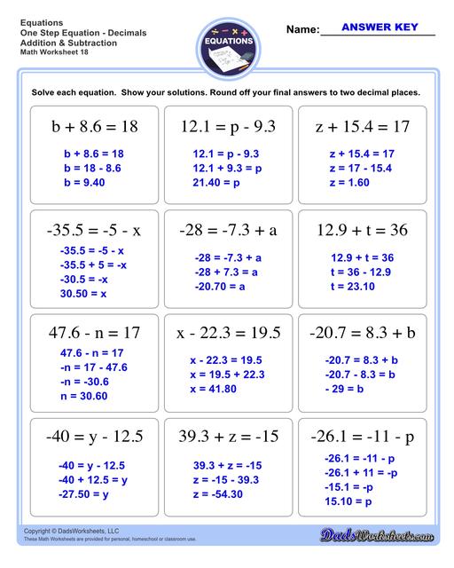 The one step equations worksheets on this page include problems with integers and fractions for a variety of math operations. These basic algebra worksheets are appropriate practice for 6th grade, 7th grade and 8th grade students. Full answer keys are included on the second page of each PDF file.  One Step Equations Decimals Addition And Subtraction V2