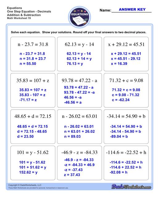 The one step equations worksheets on this page include problems with integers and fractions for a variety of math operations. These basic algebra worksheets are appropriate practice for 6th grade, 7th grade and 8th grade students. Full answer keys are included on the second page of each PDF file.  One Step Equations Decimals Addition And Subtraction V3