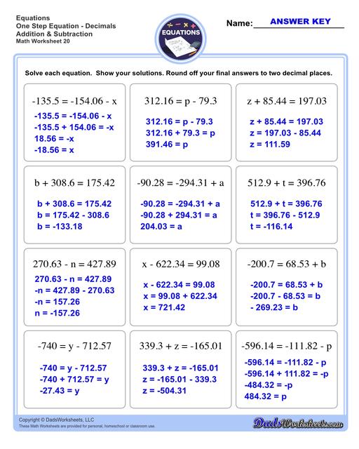 The one step equations worksheets on this page include problems with integers and fractions for a variety of math operations. These basic algebra worksheets are appropriate practice for 6th grade, 7th grade and 8th grade students. Full answer keys are included on the second page of each PDF file.  One Step Equations Decimals Addition And Subtraction V4