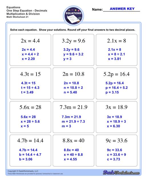 The one step equations worksheets on this page include problems with integers and fractions for a variety of math operations. These basic algebra worksheets are appropriate practice for 6th grade, 7th grade and 8th grade students. Full answer keys are included on the second page of each PDF file.  One Step Equations Decimals Multiplication And Division V1