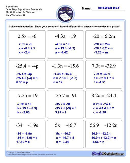 The one step equations worksheets on this page include problems with integers and fractions for a variety of math operations. These basic algebra worksheets are appropriate practice for 6th grade, 7th grade and 8th grade students. Full answer keys are included on the second page of each PDF file.  One Step Equations Decimals Multiplication And Division V2