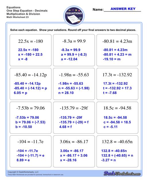 The one step equations worksheets on this page include problems with integers and fractions for a variety of math operations. These basic algebra worksheets are appropriate practice for 6th grade, 7th grade and 8th grade students. Full answer keys are included on the second page of each PDF file.  One Step Equations Decimals Multiplication And Division V3