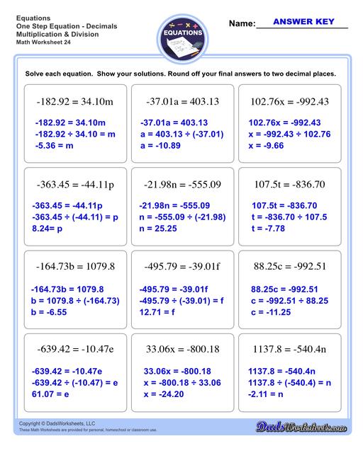 The one step equations worksheets on this page include problems with integers and fractions for a variety of math operations. These basic algebra worksheets are appropriate practice for 6th grade, 7th grade and 8th grade students. Full answer keys are included on the second page of each PDF file.  One Step Equations Decimals Multiplication And Division V4