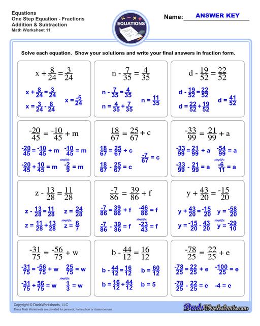 The one step equations worksheets on this page include problems with integers and fractions for a variety of math operations. These basic algebra worksheets are appropriate practice for 6th grade, 7th grade and 8th grade students. Full answer keys are included on the second page of each PDF file.  One Step Equations Fractions Addition And Subtraction V3