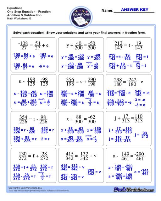The one step equations worksheets on this page include problems with integers and fractions for a variety of math operations. These basic algebra worksheets are appropriate practice for 6th grade, 7th grade and 8th grade students. Full answer keys are included on the second page of each PDF file.  One Step Equations Fractions Addition And Subtraction V4