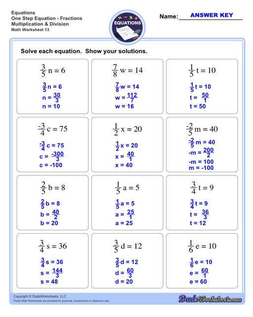 The one step equations worksheets on this page include problems with integers and fractions for a variety of math operations. These basic algebra worksheets are appropriate practice for 6th grade, 7th grade and 8th grade students. Full answer keys are included on the second page of each PDF file.  One Step Equations Fractions Multiplication And Division V1