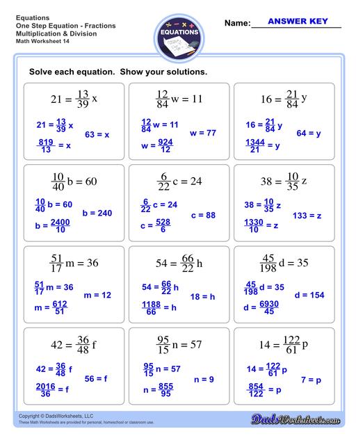 The one step equations worksheets on this page include problems with integers and fractions for a variety of math operations. These basic algebra worksheets are appropriate practice for 6th grade, 7th grade and 8th grade students. Full answer keys are included on the second page of each PDF file.  One Step Equations Fractions Multiplication And Division V2