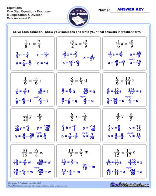 The one step equations worksheets on this page include problems with integers and fractions for a variety of math operations. These basic algebra worksheets are appropriate practice for 6th grade, 7th grade and 8th grade students. Full answer keys are included on the second page of each PDF file.  One Step Equations Fractions Multiplication And Division V3