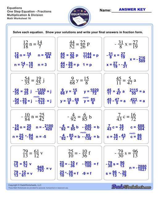 The one step equations worksheets on this page include problems with integers and fractions for a variety of math operations. These basic algebra worksheets are appropriate practice for 6th grade, 7th grade and 8th grade students. Full answer keys are included on the second page of each PDF file.  One Step Equations Fractions Multiplication And Division V4