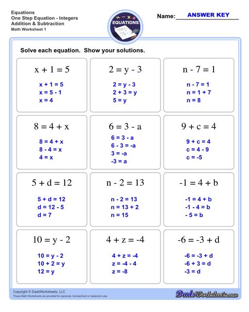 The one step equations worksheets on this page include problems with integers and fractions for a variety of math operations. These basic algebra worksheets are appropriate practice for 6th grade, 7th grade and 8th grade students. Full answer keys are included on the second page of each PDF file.  One Step Equations Integers Addition And Subtraction V1