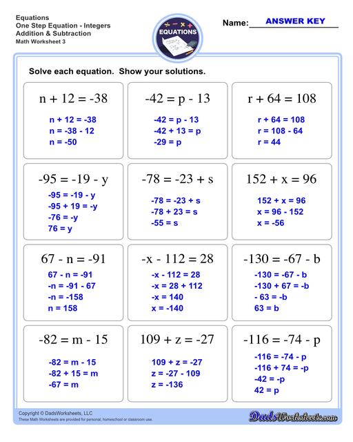The one step equations worksheets on this page include problems with integers and fractions for a variety of math operations. These basic algebra worksheets are appropriate practice for 6th grade, 7th grade and 8th grade students. Full answer keys are included on the second page of each PDF file.  One Step Equations Integers Addition And Subtraction V3